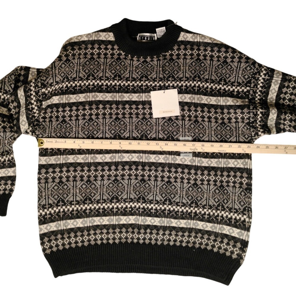 NWT Vintage Studio Mens Fair Isle Knit Sweater Black Gray Geometric Pattern L - Picture 5 of 7